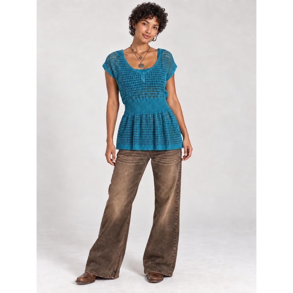 Boho Y2K 90s Teal Blue Open Knit Crochet HenleyTunic Smocked Waist Peplum L Top